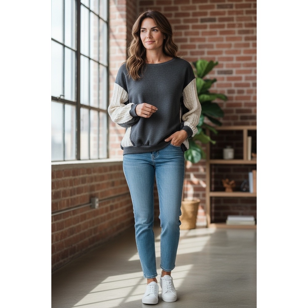 SHEIN CURVE Women's Gray Crew Neck Long Sleeve Color Block Sweater 0XL